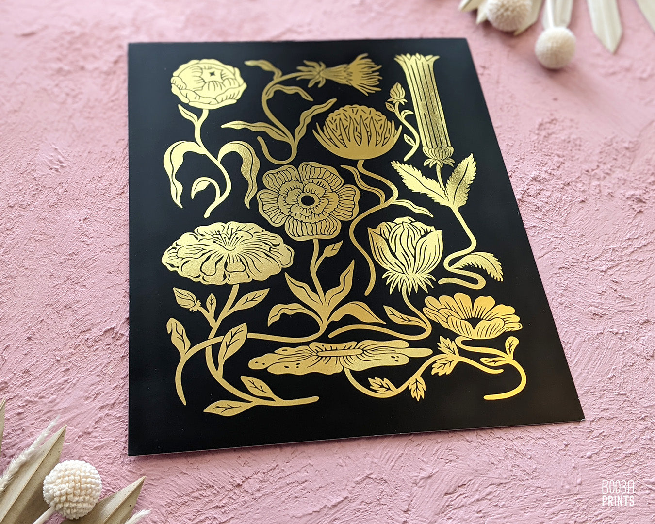 Gold flower print, digitally printed gold foil layer and black ink over stain card stock paper. Elegant beautiful print for home decor. Flower lover gift, gift for home decor, housewarming gift, birthday gift. Art by Booba Prints