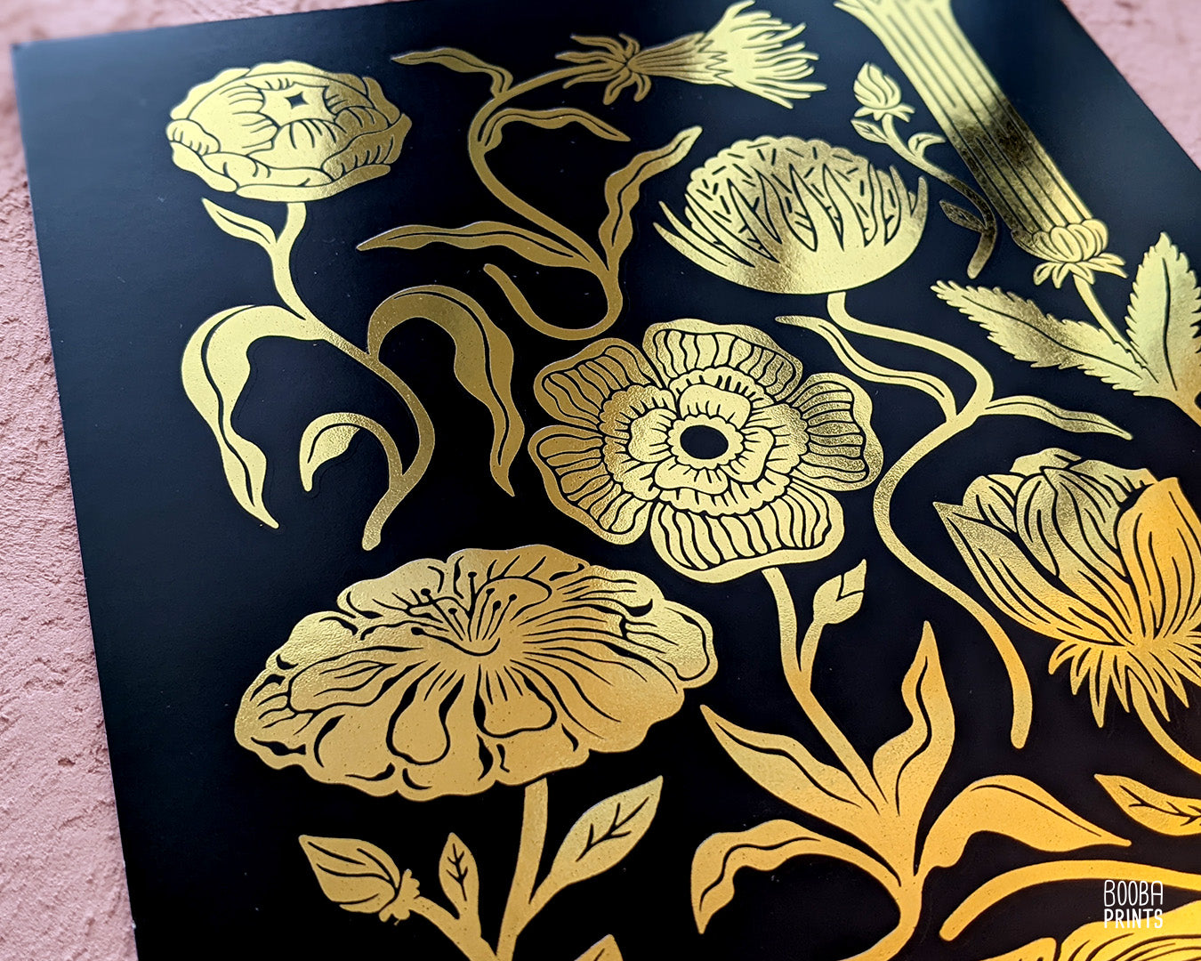 Gold flower print, digitally printed gold foil layer and black ink over stain card stock paper. Elegant beautiful print for home decor. Flower lover gift, gift for home decor, housewarming gift, birthday gift. Art by Booba Prints