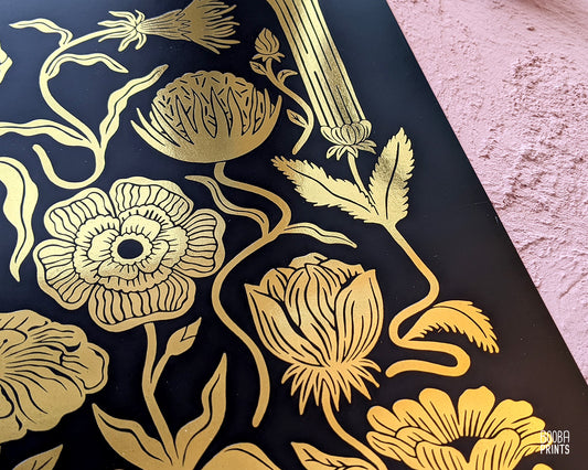 Gold flower print, digitally printed gold foil layer and black ink over stain card stock paper. Elegant beautiful print for home decor. Flower lover gift, gift for home decor, housewarming gift, birthday gift. Art by Booba Prints