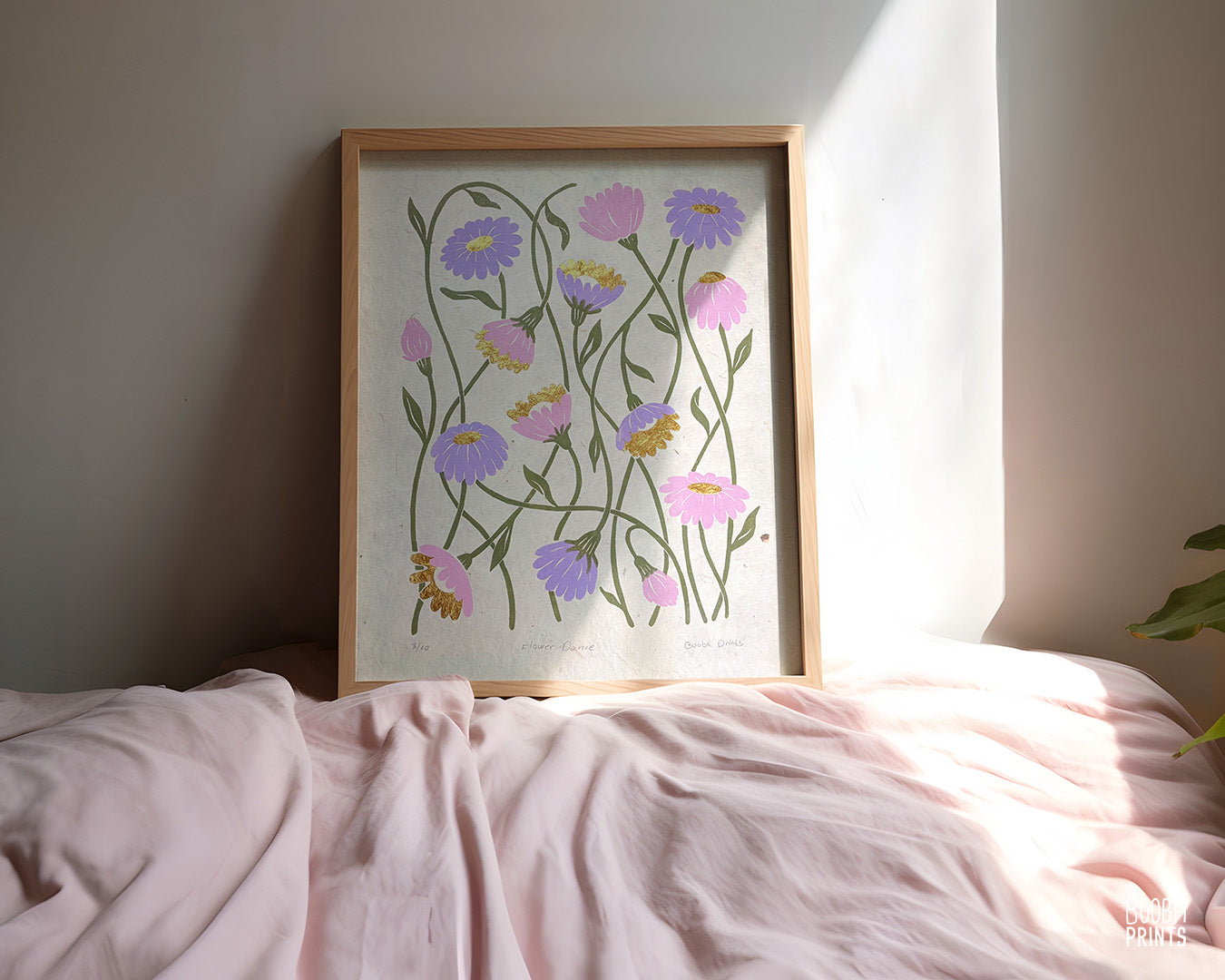 Original linocut 4 color linocut illuminated print named "Flower Dance". Printed in pink, purple and green and finished with gold touches. Elegant print for home decor. Flower lover gift. Print for gallery wall, studio decor, office decor. Art by Booba Prints