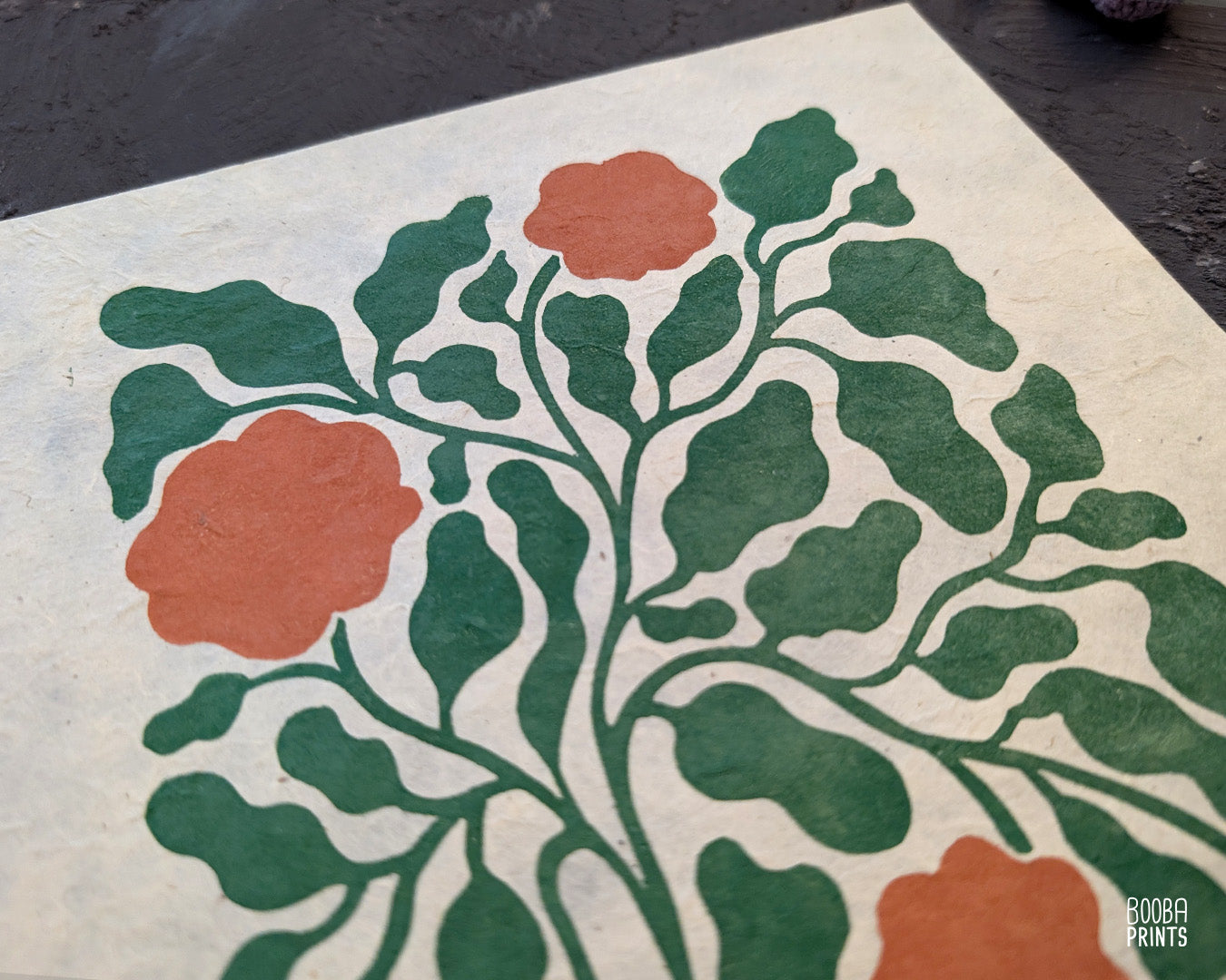 Flowers Linocut Print Green & Orange "Lacey Garden" ✷ Original Linocut Print
