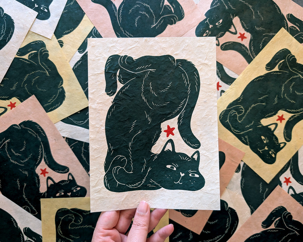 Bendy Cat Original Linocut Print