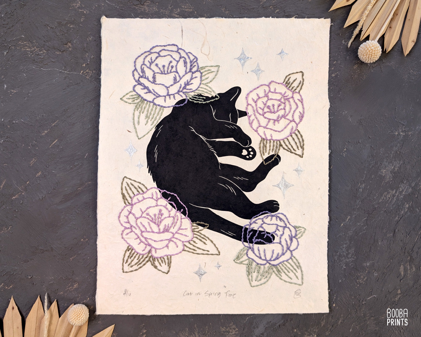 Sleeping Black Cat Linocut with Embroidered Flowers ✷ Handmade Mixed Media Wall Art ✷ Cat In Spring Time