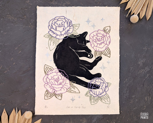 Sleeping Black Cat Linocut Print with Embroidered Flowers ✷ Handmade Mixed Media Wall Art ✷ Cat In Spring Time