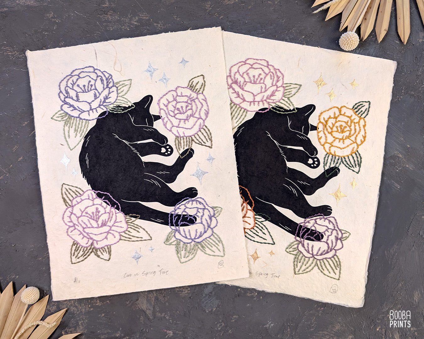 Original hand printed and hand embroidered linocut print. "Cat In Spring Time" is a linocut print, printed by hand, featuring a sleepy black cat, surrounded by  hand embroidered flowers and metallic stars. Print is available in 2 version. A unique original mixed media art piece for cat lovers. Beautiful special gift for your cat loving friend. Cat art wall by Booba Prints.