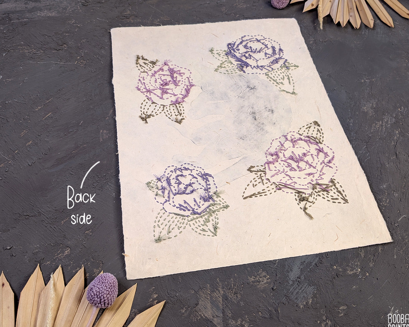 Original hand printed and hand embroidered linocut print. "Cat In Spring Time" is a linocut print, printed by hand, featuring a sleepy black cat, surrounded by  hand embroidered flowers and metallic stars. Print is available in 2 version. A unique original mixed media art piece for cat lovers. Beautiful special gift for your cat loving friend. Cat art wall by Booba Prints.