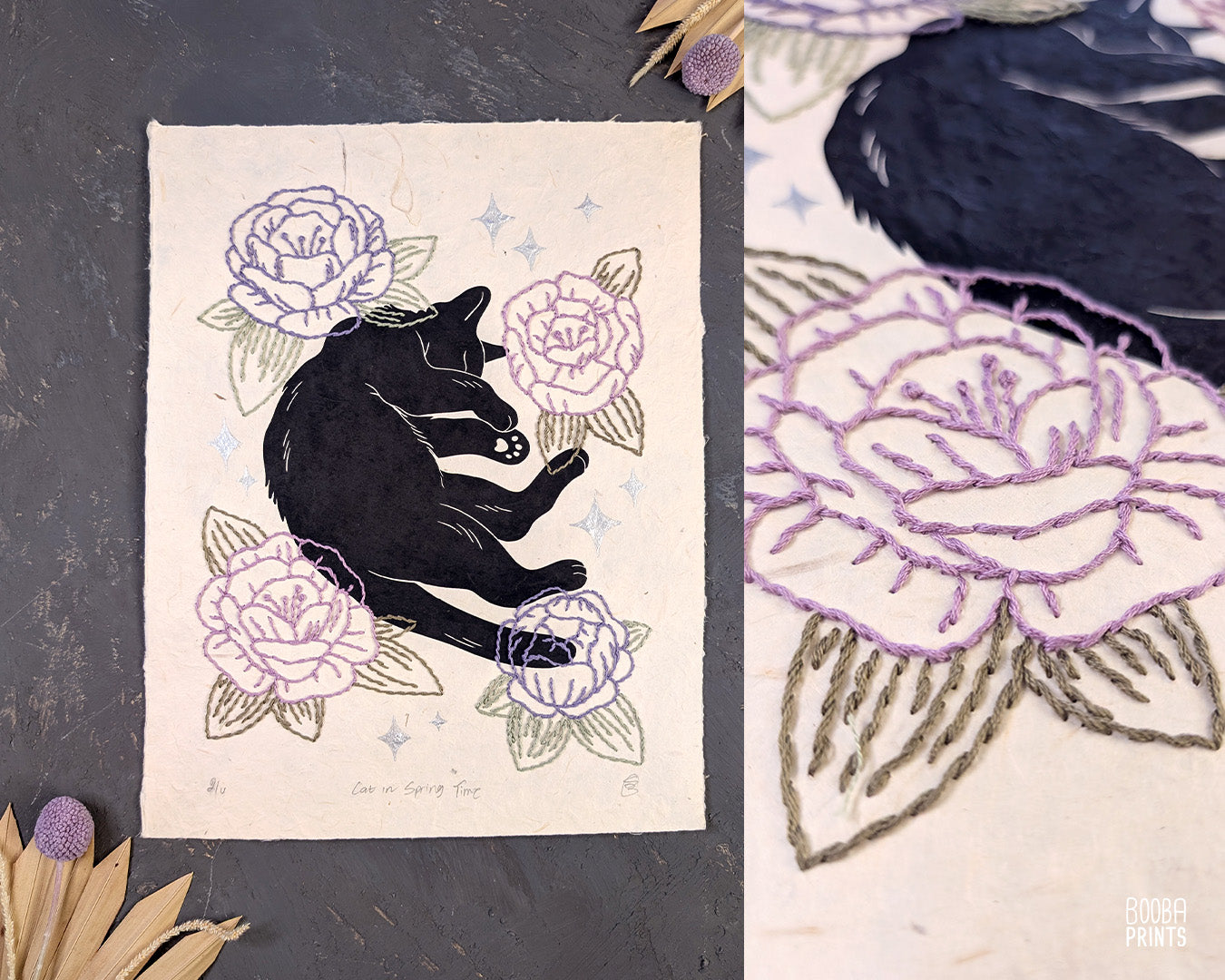 Original hand printed and hand embroidered linocut print. "Cat In Spring Time" is a linocut print, printed by hand, featuring a sleepy black cat, surrounded by  hand embroidered flowers and metallic stars. Print is available in 2 version. A unique original mixed media art piece for cat lovers. Beautiful special gift for your cat loving friend. Cat art wall by Booba Prints.