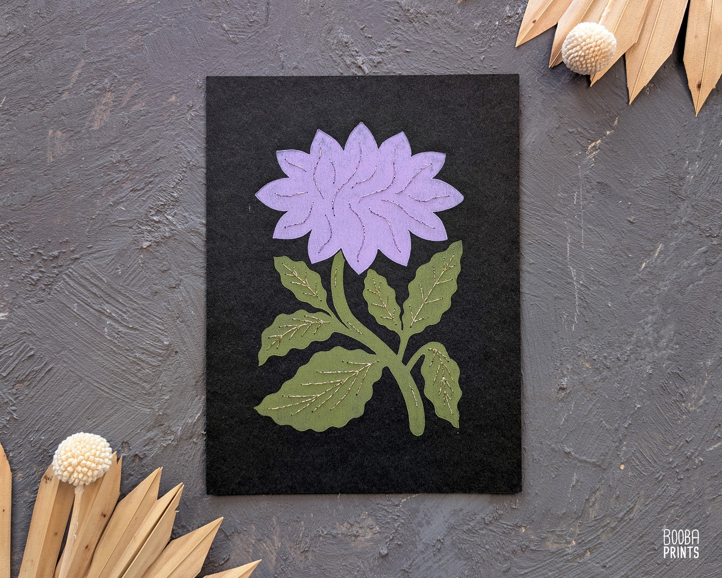 Flower Linocut Print Green & Purple "Diamond Flower" Version 2 ✷ Hand Embroidered Original Artwork