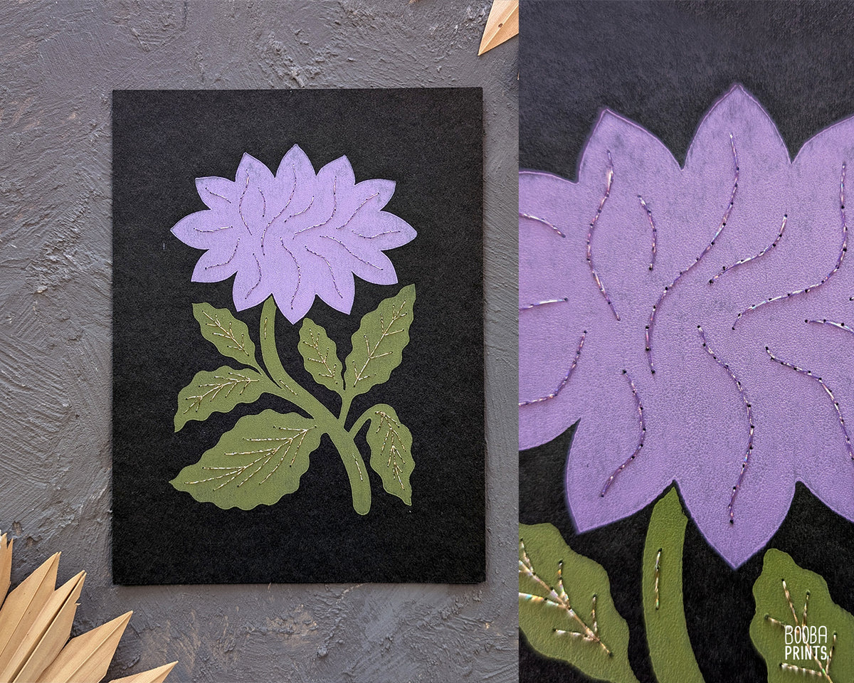 Flower Linocut Print Green & Purple "Diamond Flower" Version 2 ✷ Hand Embroidered Original Artwork