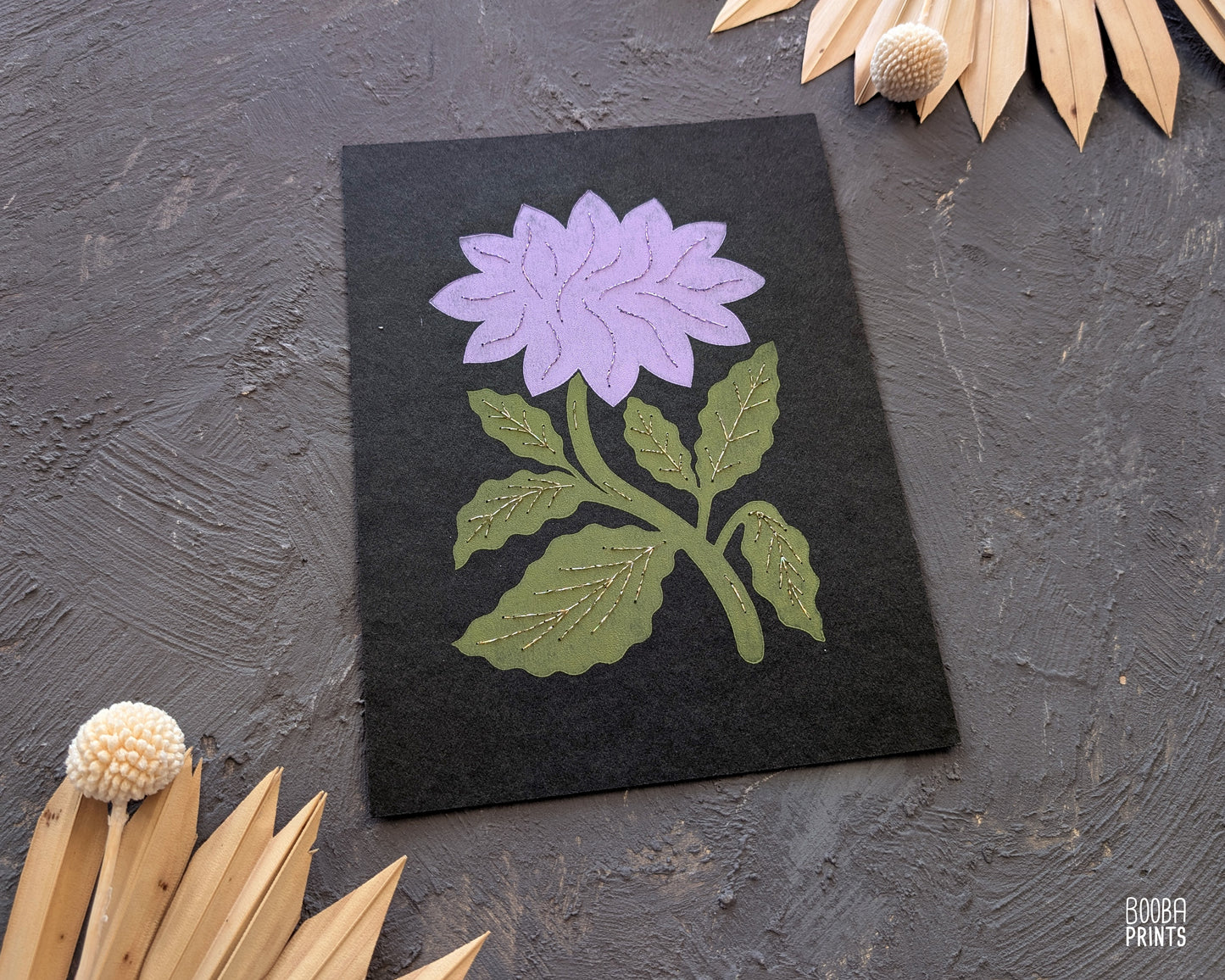 Flower Linocut Print Green & Purple "Diamond Flower" Version 2 ✷ Hand Embroidered Original Artwork