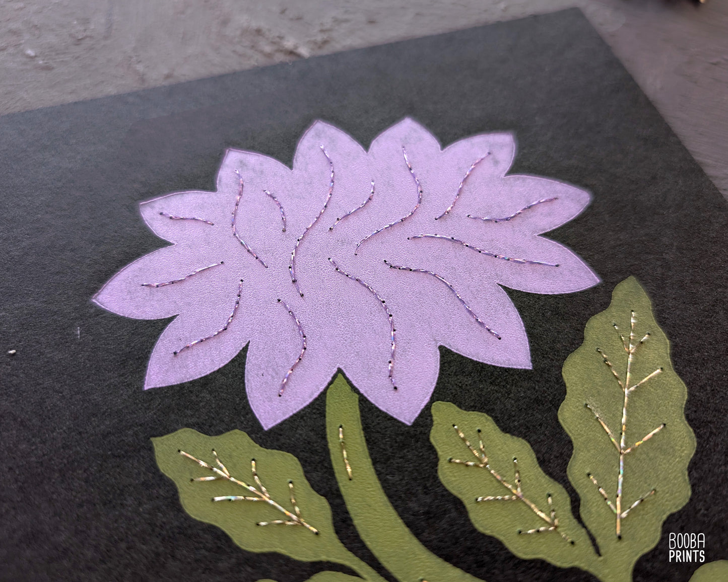 Flower Linocut Print Green & Purple "Diamond Flower" Version 2 ✷ Hand Embroidered Original Artwork