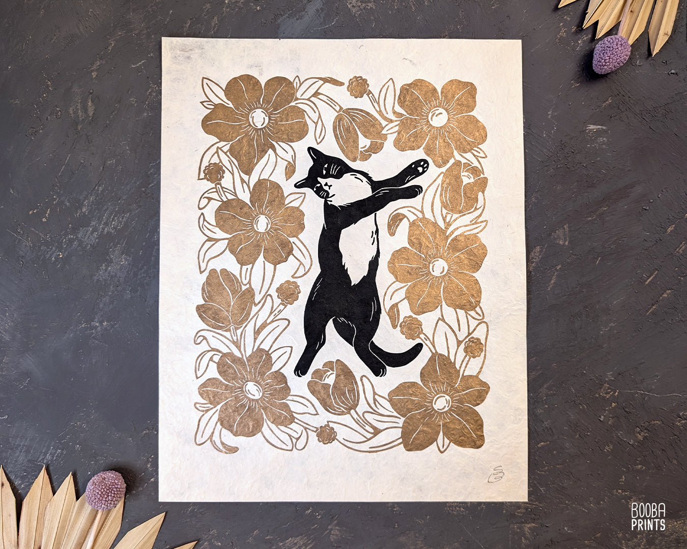 Tuxedo Cat & Gold Flowers ✷ Cat Lover Print