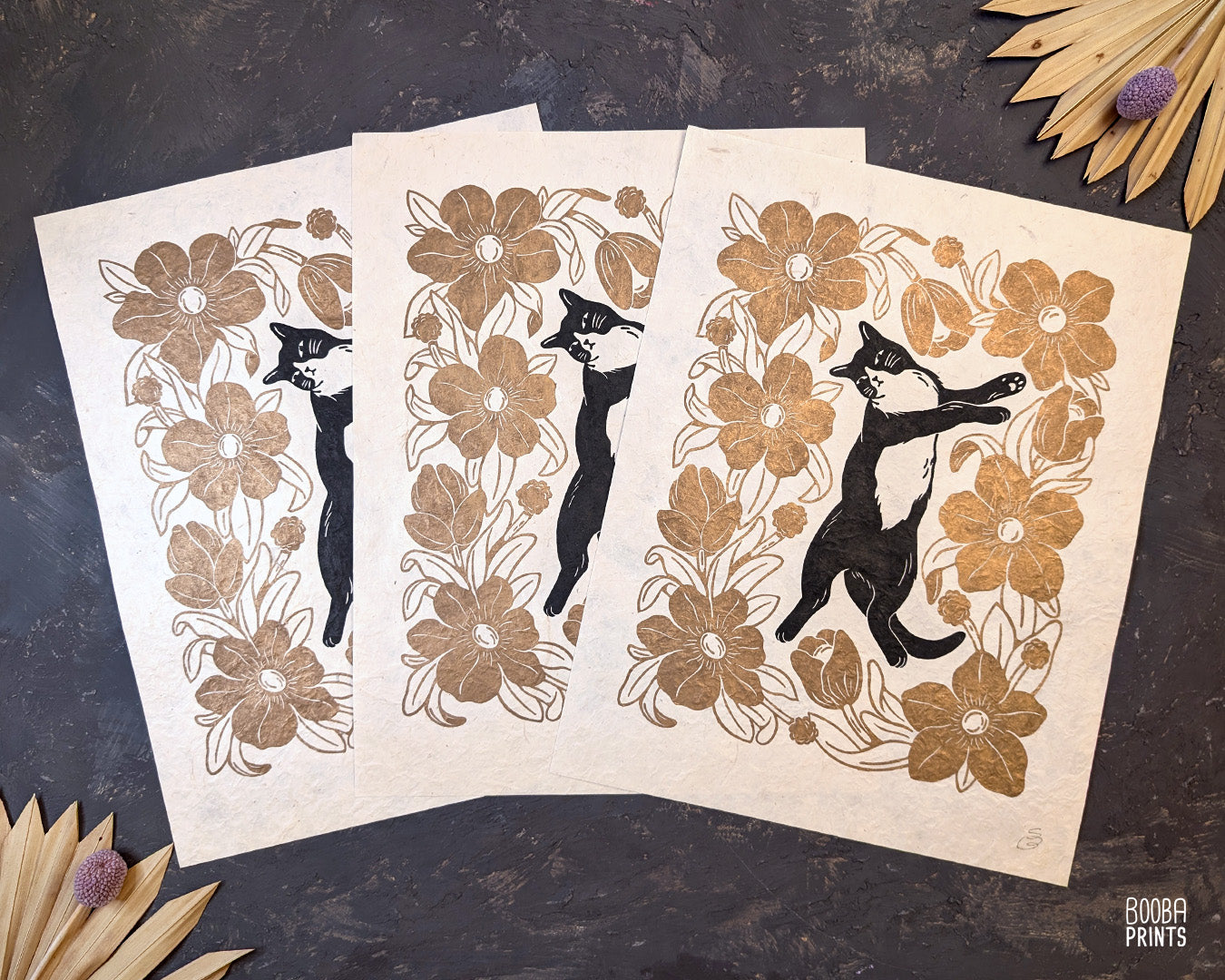 Tuxedo Cat & Gold Flowers Original Linocut Print ✷ 20% Off!
