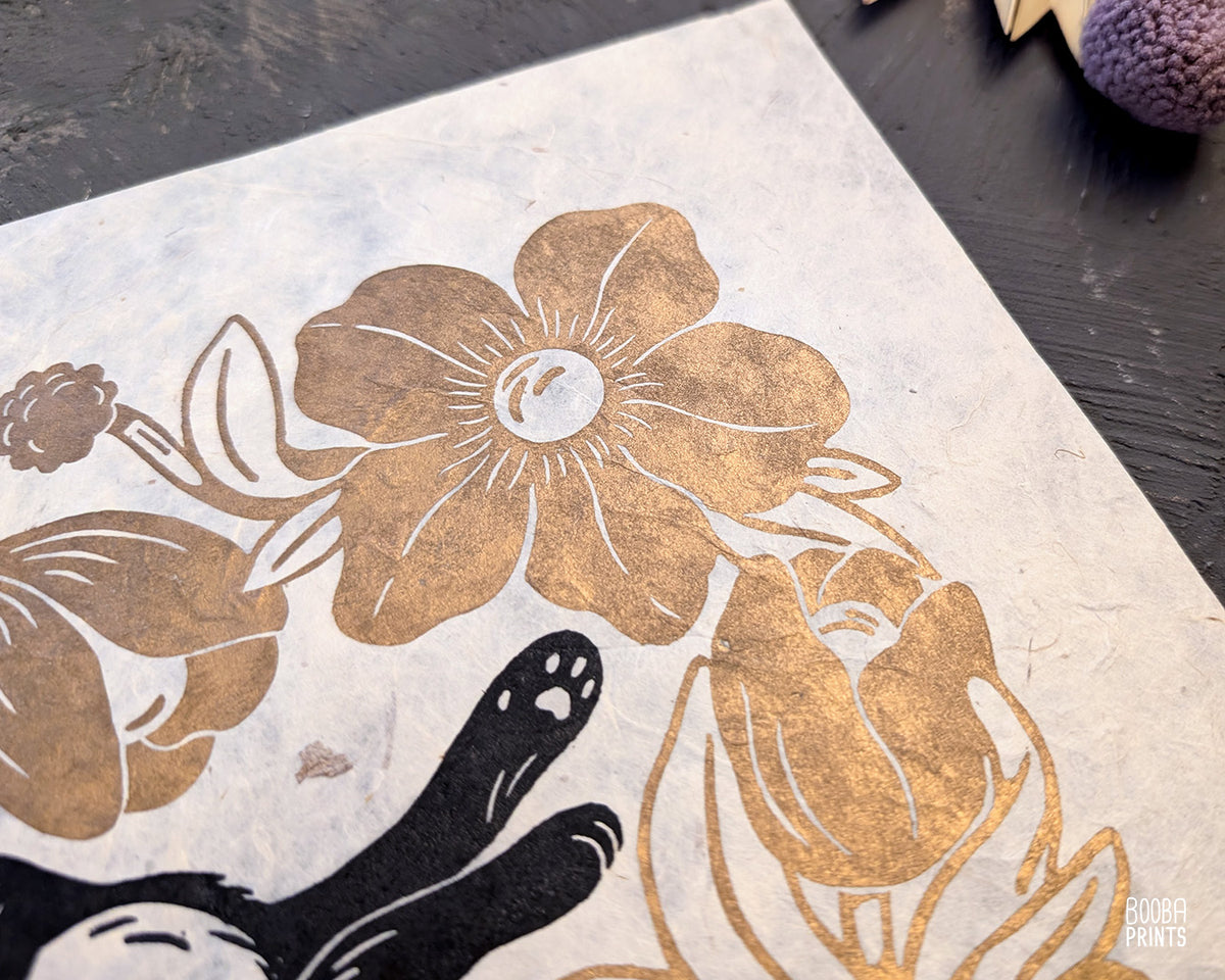 Tuxedo Cat & Gold Flowers ✷ Cat Lover Print