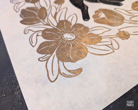 Tuxedo Cat & Gold Flowers ✷ Cat Lover Print