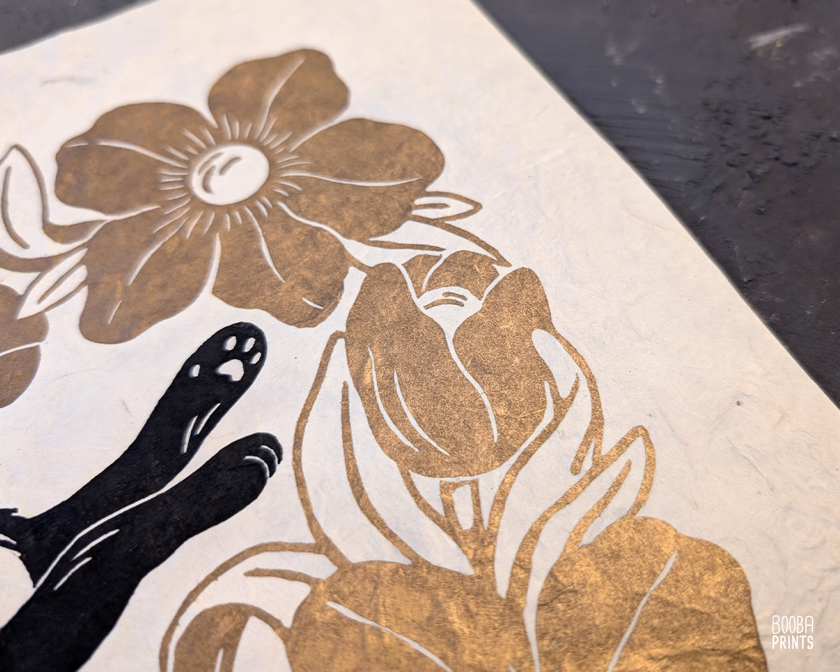 Tuxedo Cat & Gold Flowers ✷ Cat Lover Print
