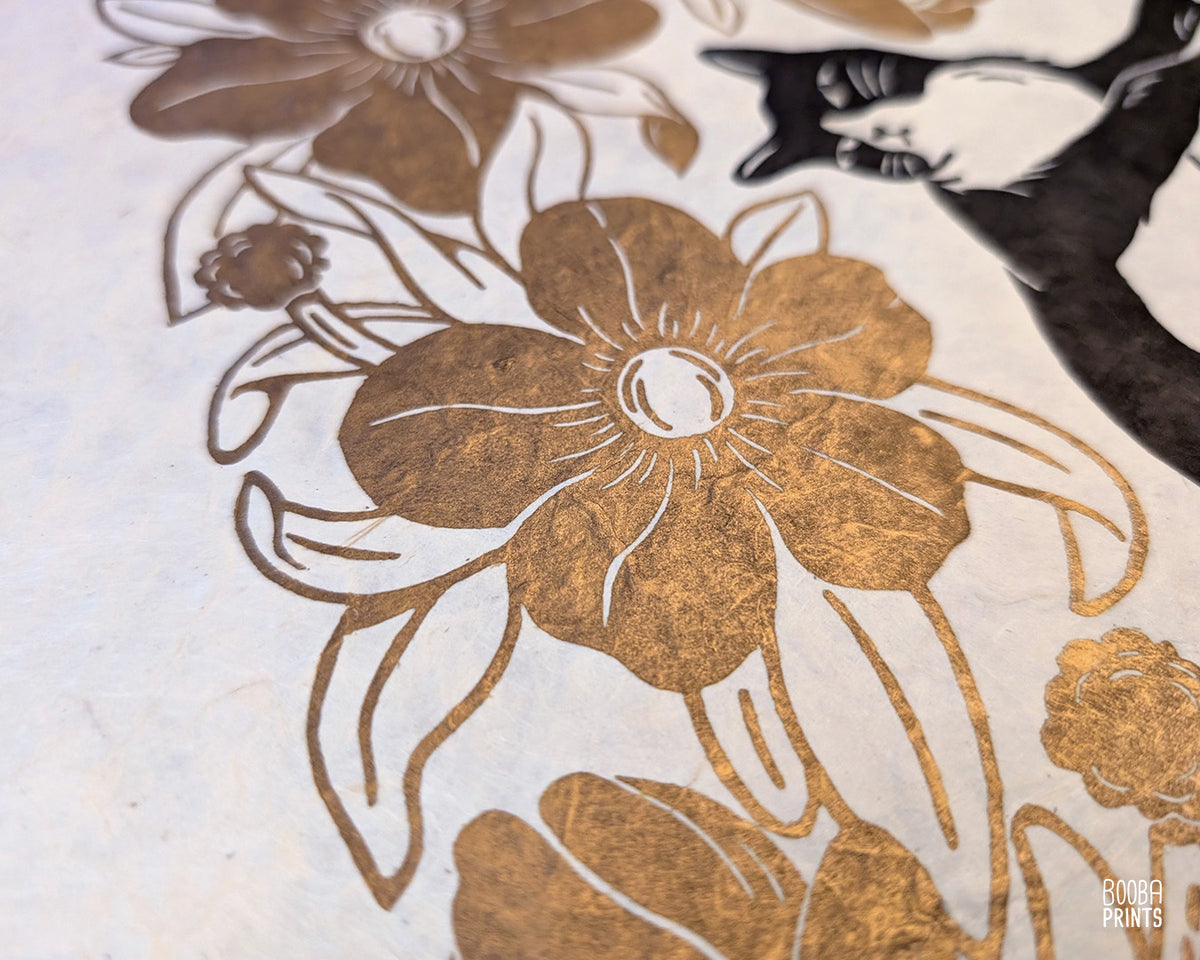 Tuxedo Cat & Gold Flowers ✷ Cat Lover Print
