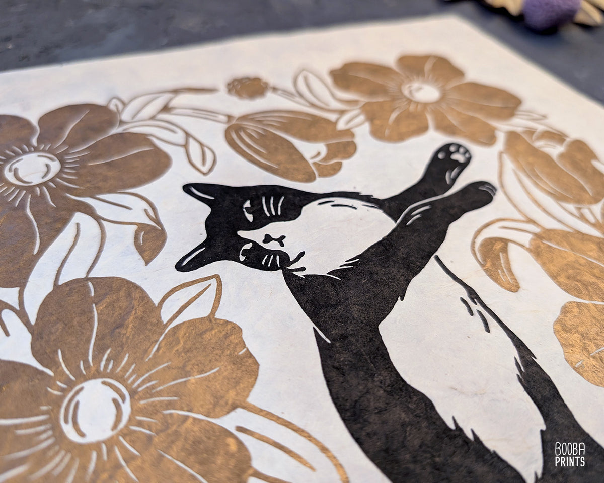 Tuxedo Cat & Gold Flowers ✷ Cat Lover Print