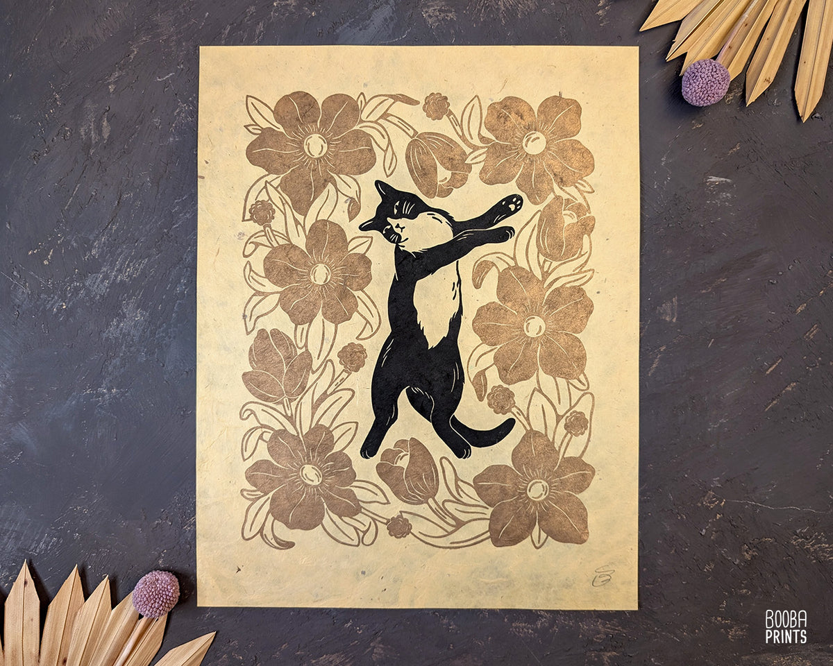 Tuxedo Cat & Gold Flowers ✷ Cat Lover Print