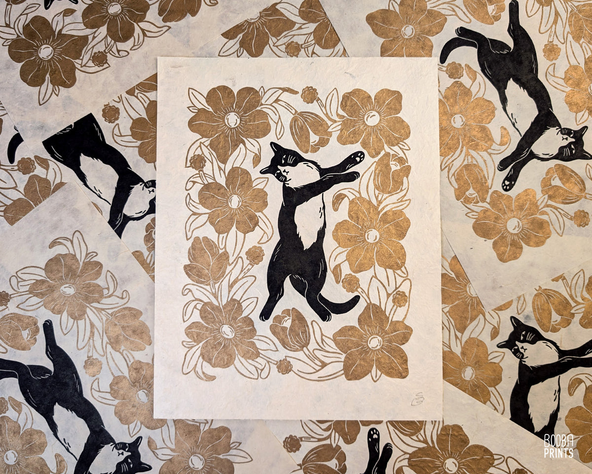 Tuxedo Cat & Gold Flowers ✷ Cat Lover Print