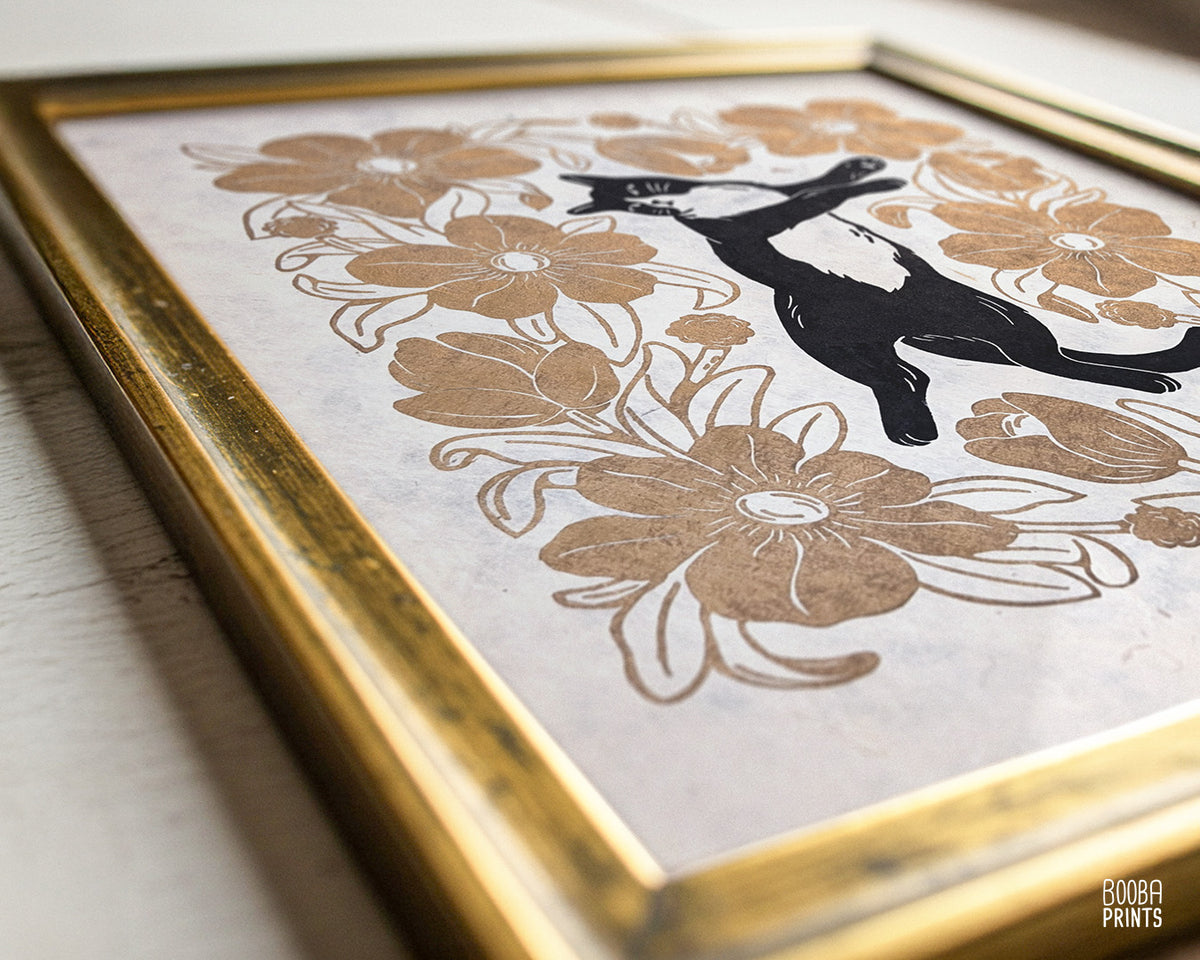 Tuxedo Cat & Gold Flowers ✷ Cat Lover Print
