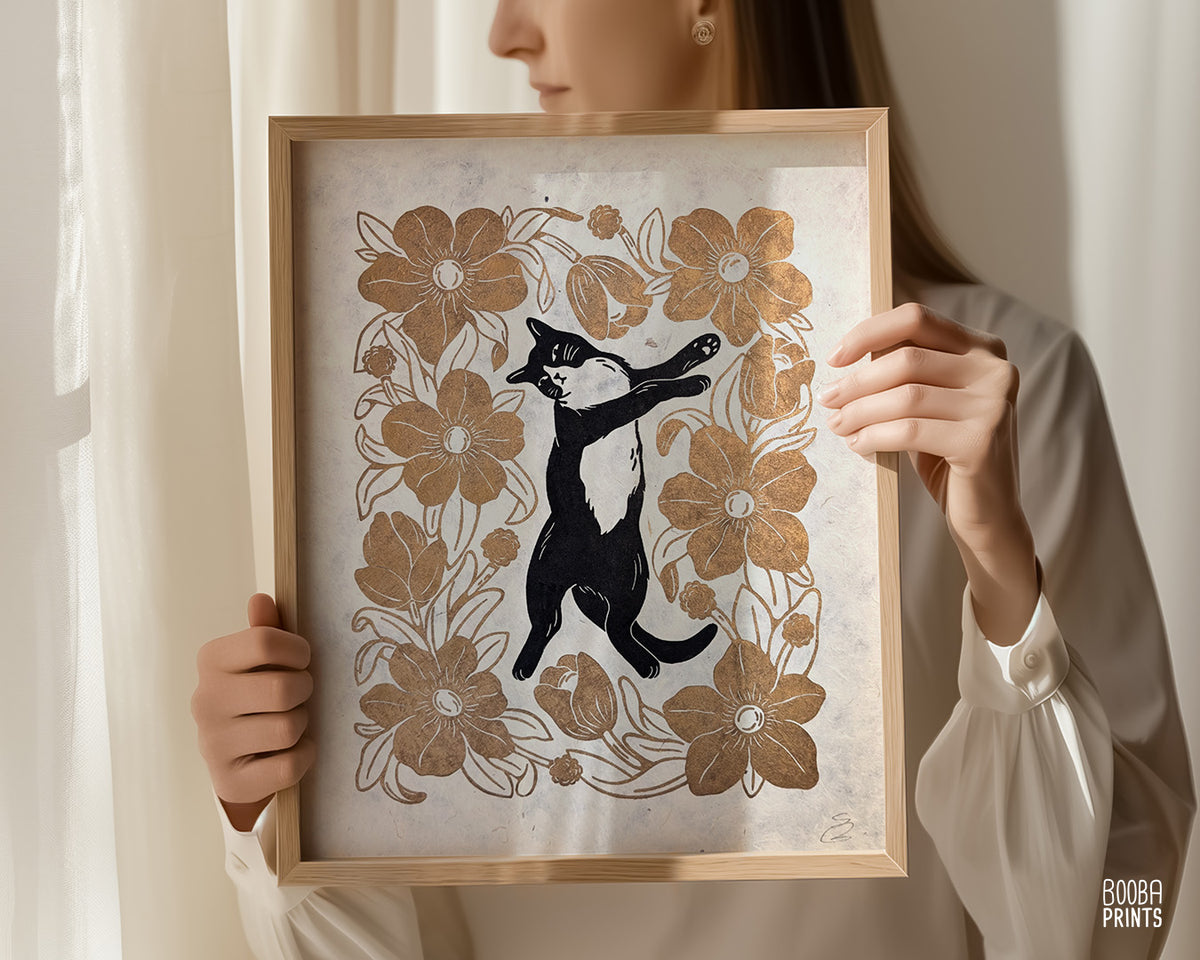 Tuxedo Cat & Gold Flowers ✷ Cat Lover Print
