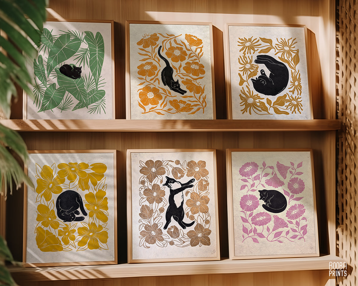 Tuxedo Cat & Gold Flowers ✷ Cat Lover Print