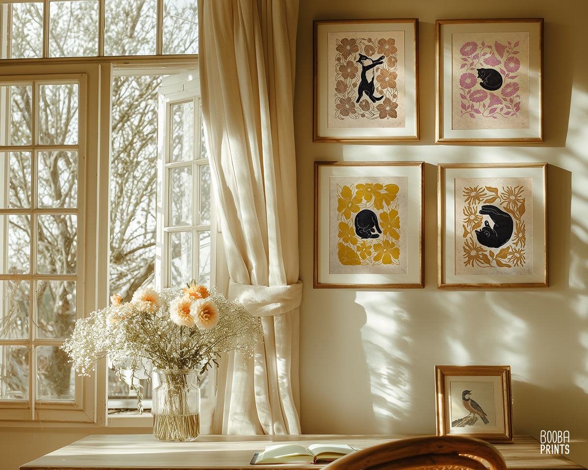 Tuxedo Cat & Gold Flowers ✷ Cat Lover Print
