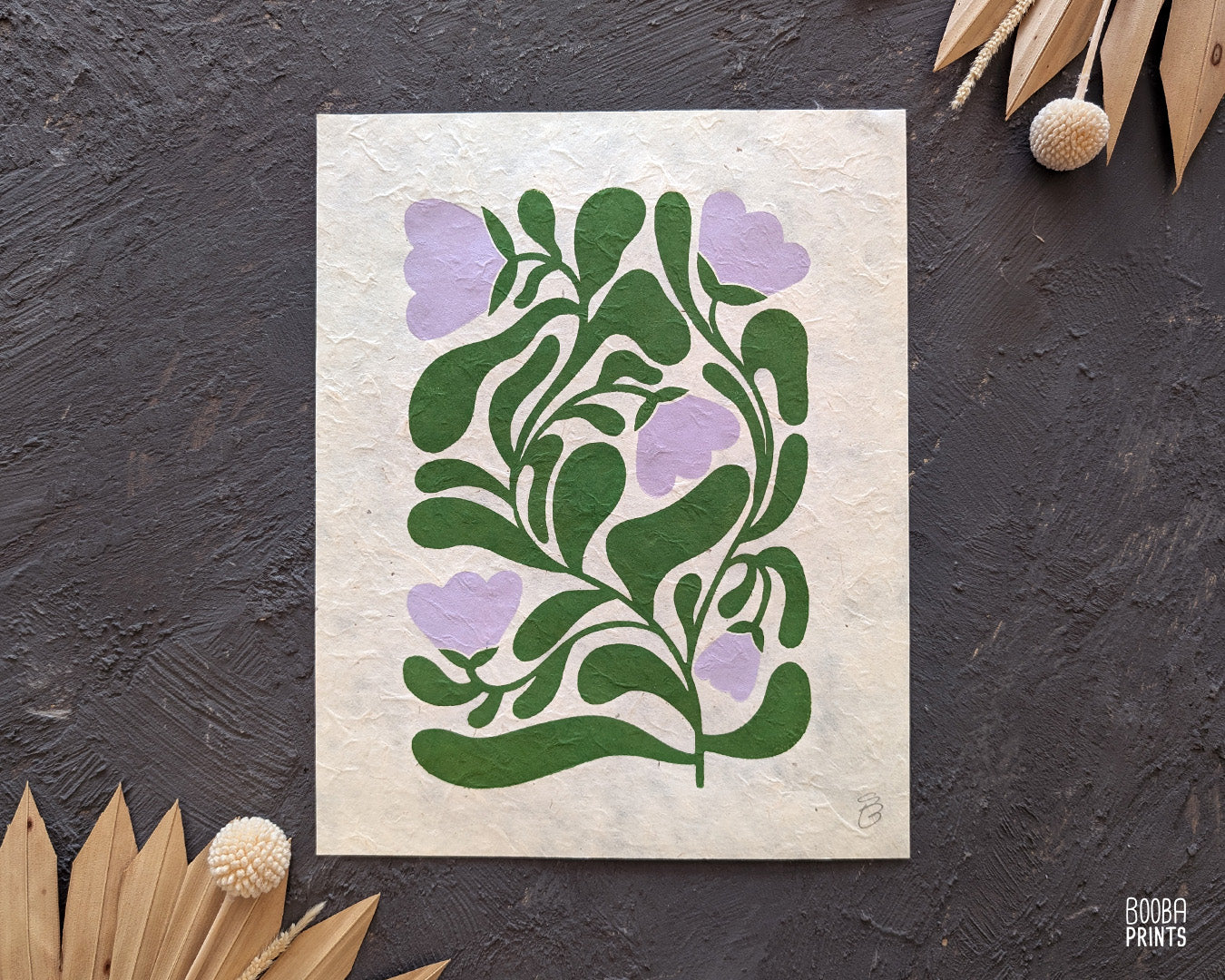 Hand printed linocut print, stylized floral design, printed in green and lavender on natural Lokta paper, original edition (non embroidery), created by Booba Prints