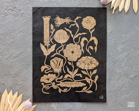 #1 Golden Flowers Linocut Print