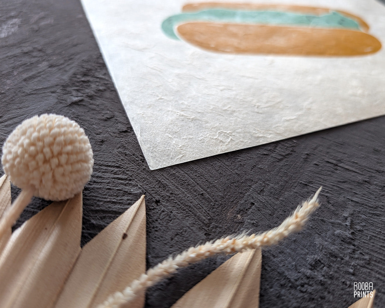 Original 2 color linocut print, printed in Ochre and mint green, showing a cute cat in a hot dog but. Cute whimsical art for your kitchen. Art by Booba Prints