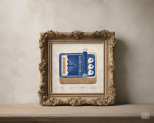 Sardine Can Linocut Print ✷ Handmade Wall Art in Blue and Gold ✷ Fun Print For Kitchen
