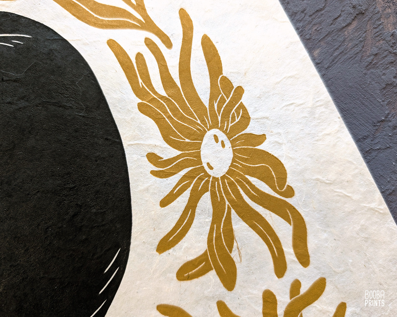 Original handmade linocut "Shy Cat" print. Featuring a cute black cat, covering his face while sleeping, and surrounded by flowers in Ochre yellow. Printed by hand with oil based ink. Original artwork for cat lover, gift for cat lover. A print from the series - "Cats and Plants" by Booba Prints.