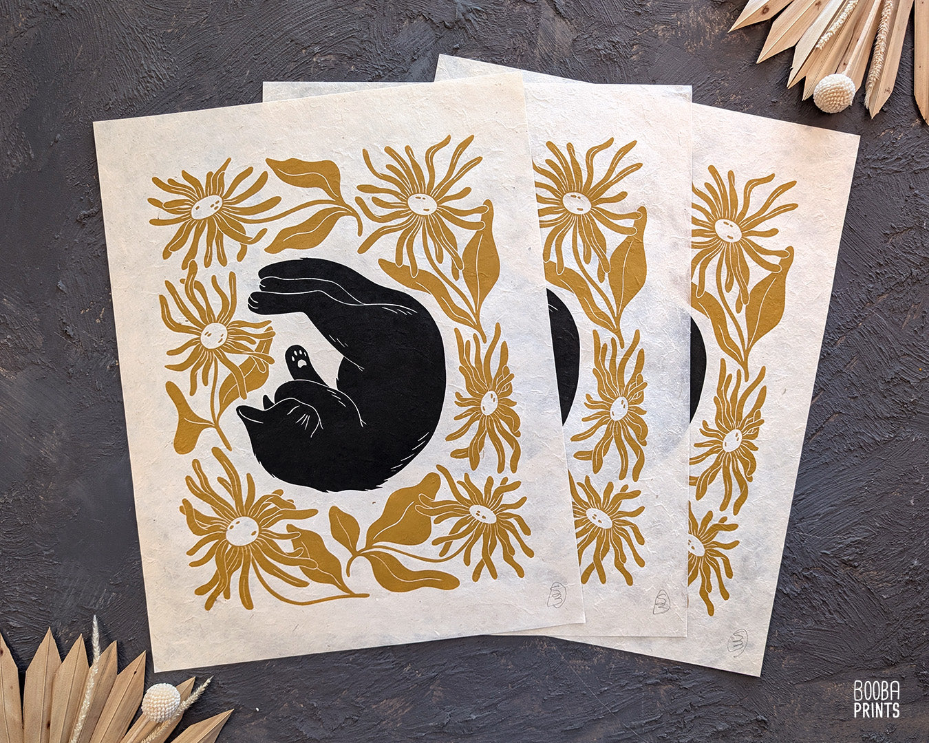 Original handmade linocut "Shy Cat" print. Featuring a cute black cat, covering his face while sleeping, and surrounded by flowers in Ochre yellow. Printed by hand with oil based ink. Original artwork for cat lover, gift for cat lover. A print from the series - "Cats and Plants" by Booba Prints.