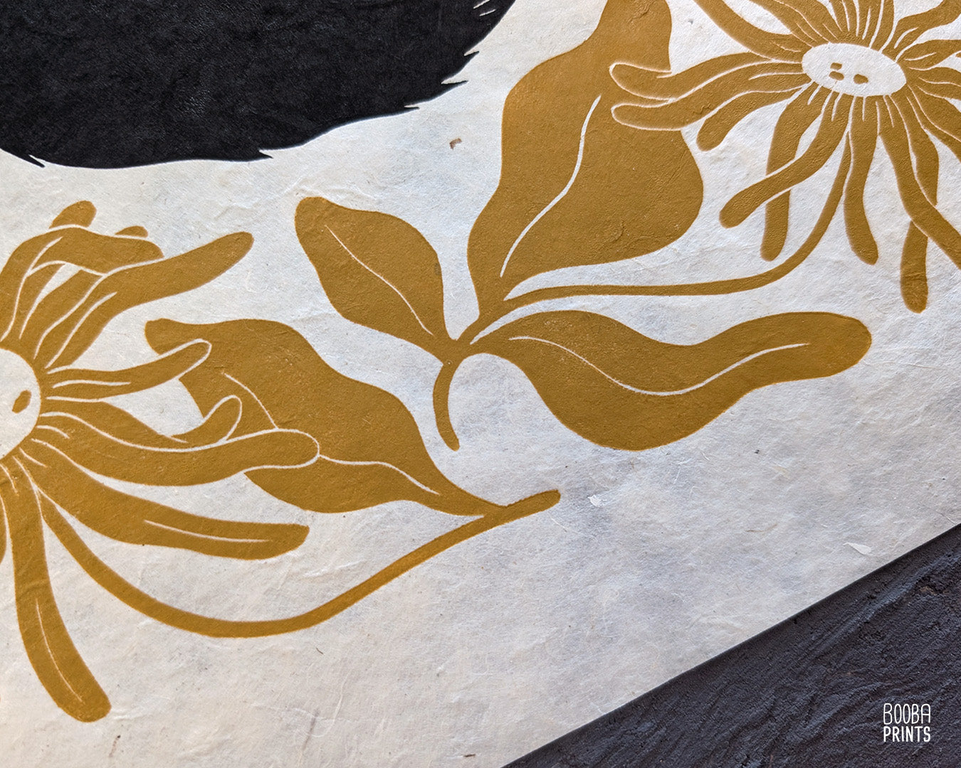 Original handmade linocut "Shy Cat" print. Featuring a cute black cat, covering his face while sleeping, and surrounded by flowers in Ochre yellow. Printed by hand with oil based ink. Original artwork for cat lover, gift for cat lover. A print from the series - "Cats and Plants" by Booba Prints.