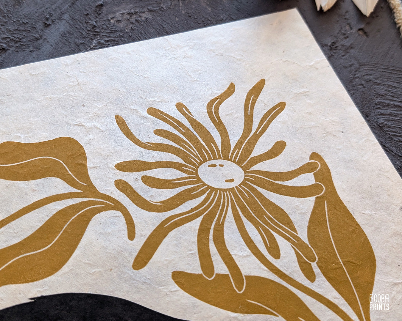 Original handmade linocut "Shy Cat" print. Featuring a cute black cat, covering his face while sleeping, and surrounded by flowers in Ochre yellow. Printed by hand with oil based ink. Original artwork for cat lover, gift for cat lover. A print from the series - "Cats and Plants" by Booba Prints.