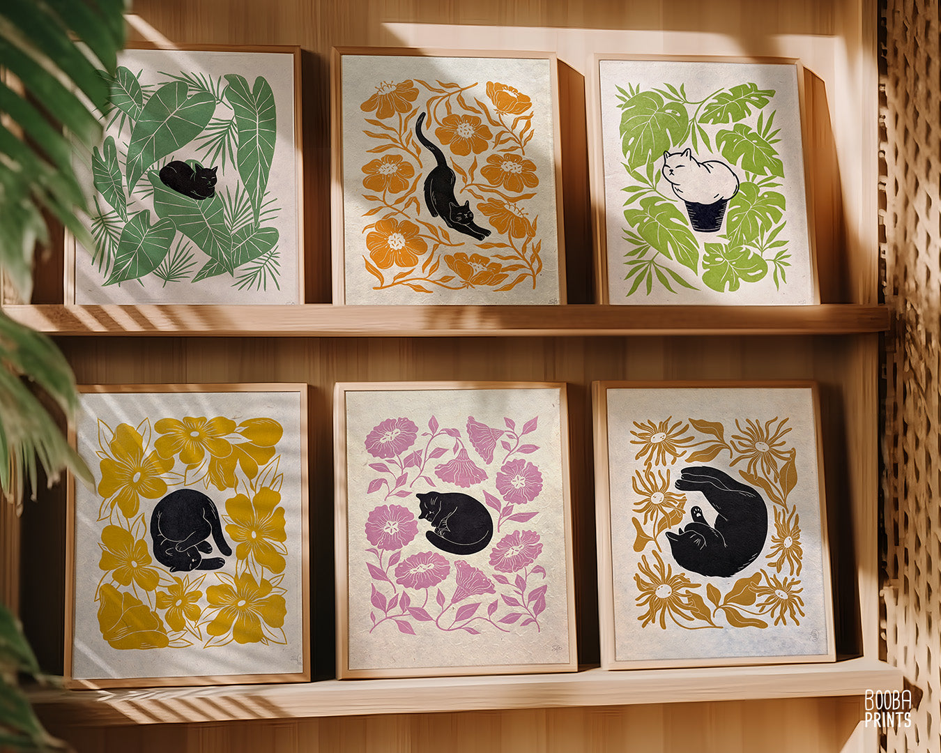 Original handmade linocut "Shy Cat" print. Featuring a cute black cat, covering his face while sleeping, and surrounded by flowers in Ochre yellow. Printed by hand with oil based ink. Original artwork for cat lover, gift for cat lover. A print from the series - "Cats and Plants" by Booba Prints.