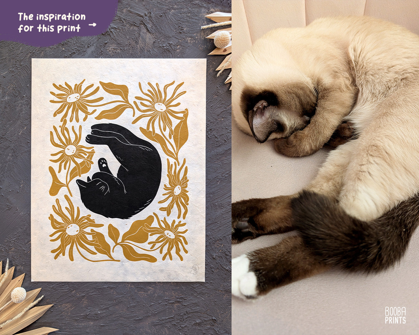 Original handmade linocut "Shy Cat" print. Featuring a cute black cat, covering his face while sleeping, and surrounded by flowers in Ochre yellow. Printed by hand with oil based ink. Original artwork for cat lover, gift for cat lover. A print from the series - "Cats and Plants" by Booba Prints.
