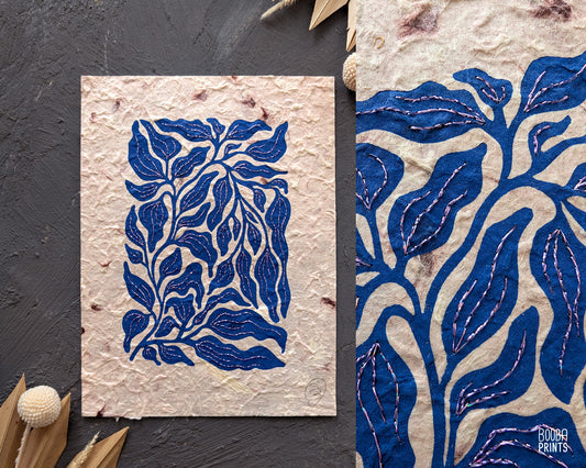 Blue Plant Hand Embroidered Linocut Print ✷ Mixed Media Artwork