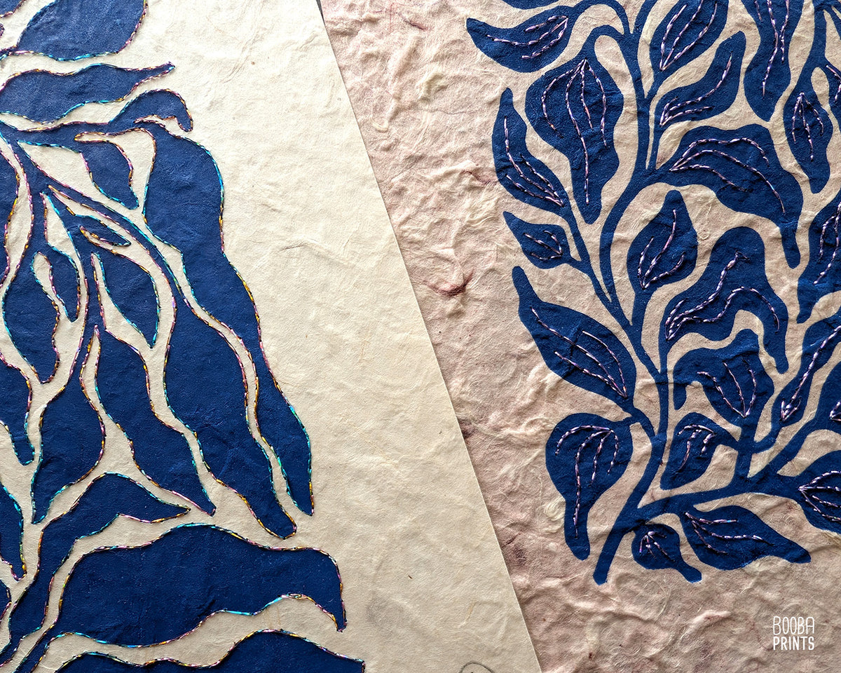 Blue Plant Hand Embroidered Linocut Print ✷ Mixed Media Artwork
