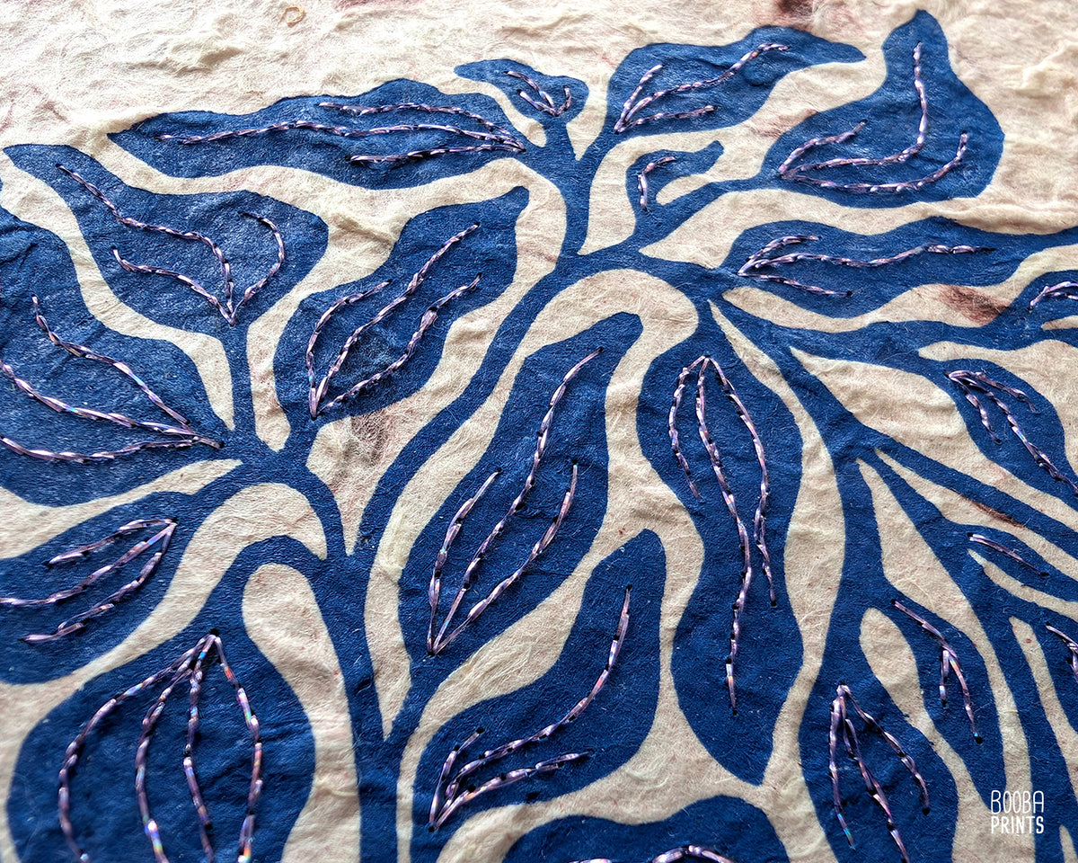 Blue Plant Hand Embroidered Linocut Print ✷ Mixed Media Artwork