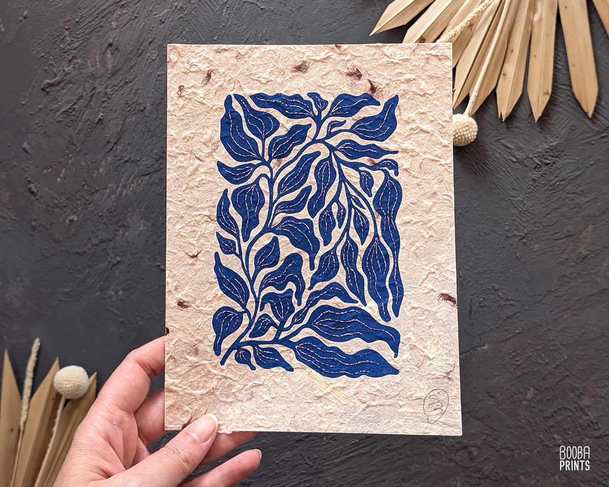 Blue Plant Hand Embroidered Linocut Print ✷ Mixed Media Artwork
