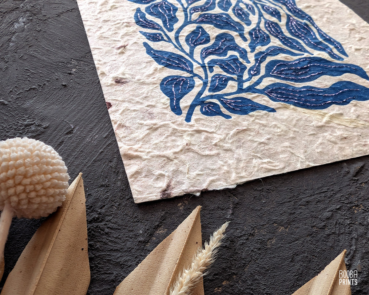 Blue Plant Hand Embroidered Linocut Print ✷ Mixed Media Artwork