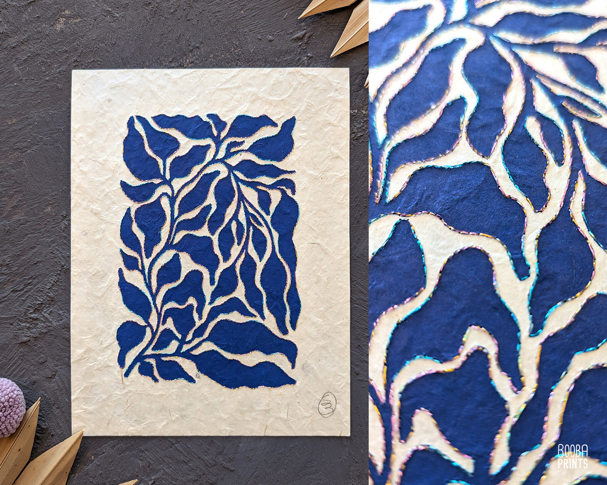 Blue Plant Hand Embroidered Linocut Print ✷ Mixed Media Artwork
