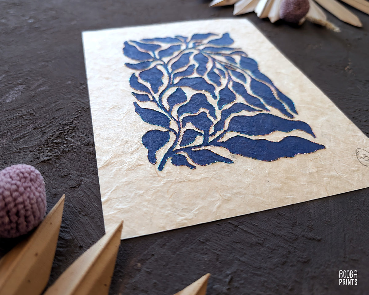 Blue Plant Hand Embroidered Linocut Print ✷ Mixed Media Artwork