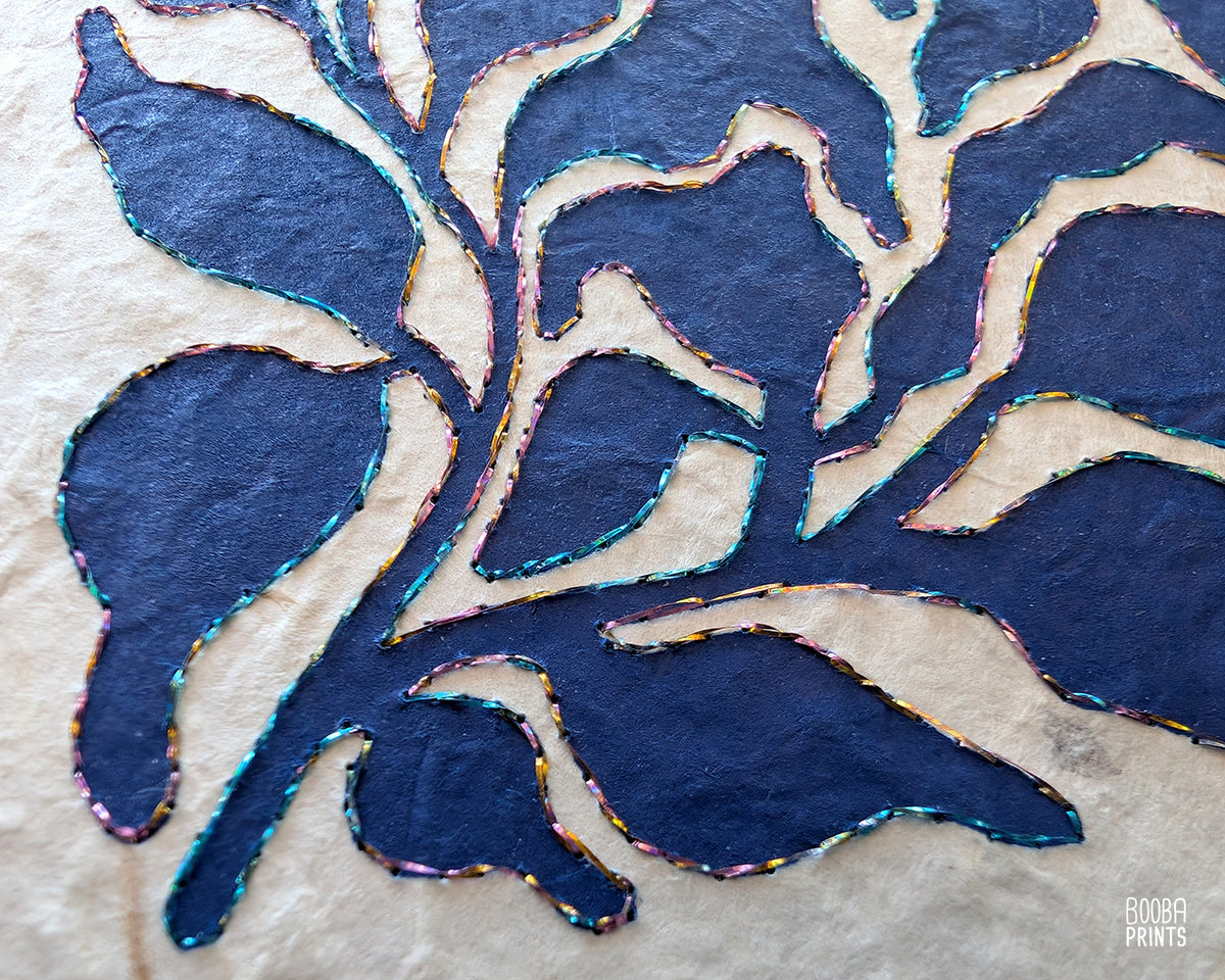 Blue Plant Hand Embroidered Linocut Print ✷ Mixed Media Artwork