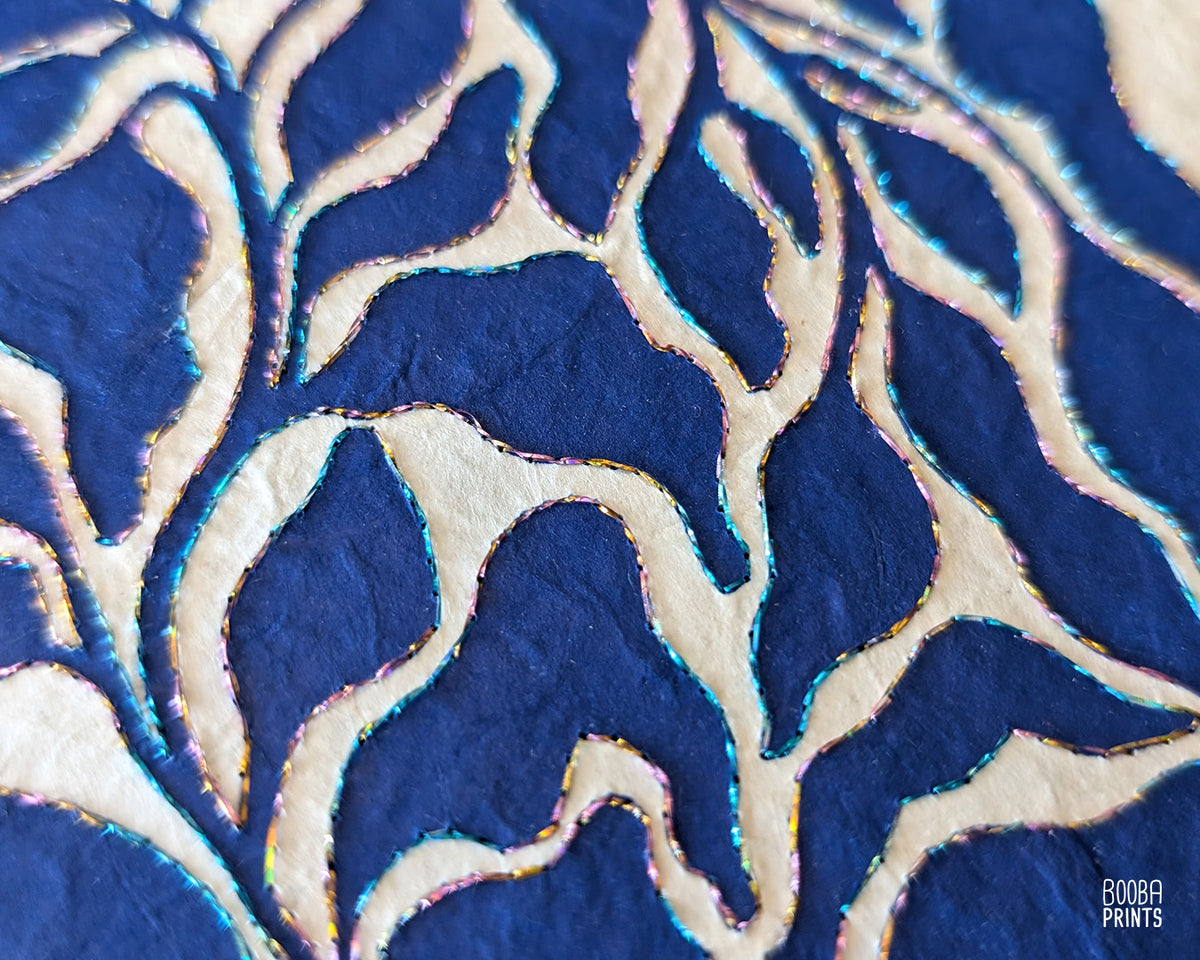 Blue Plant Hand Embroidered Linocut Print ✷ Mixed Media Artwork