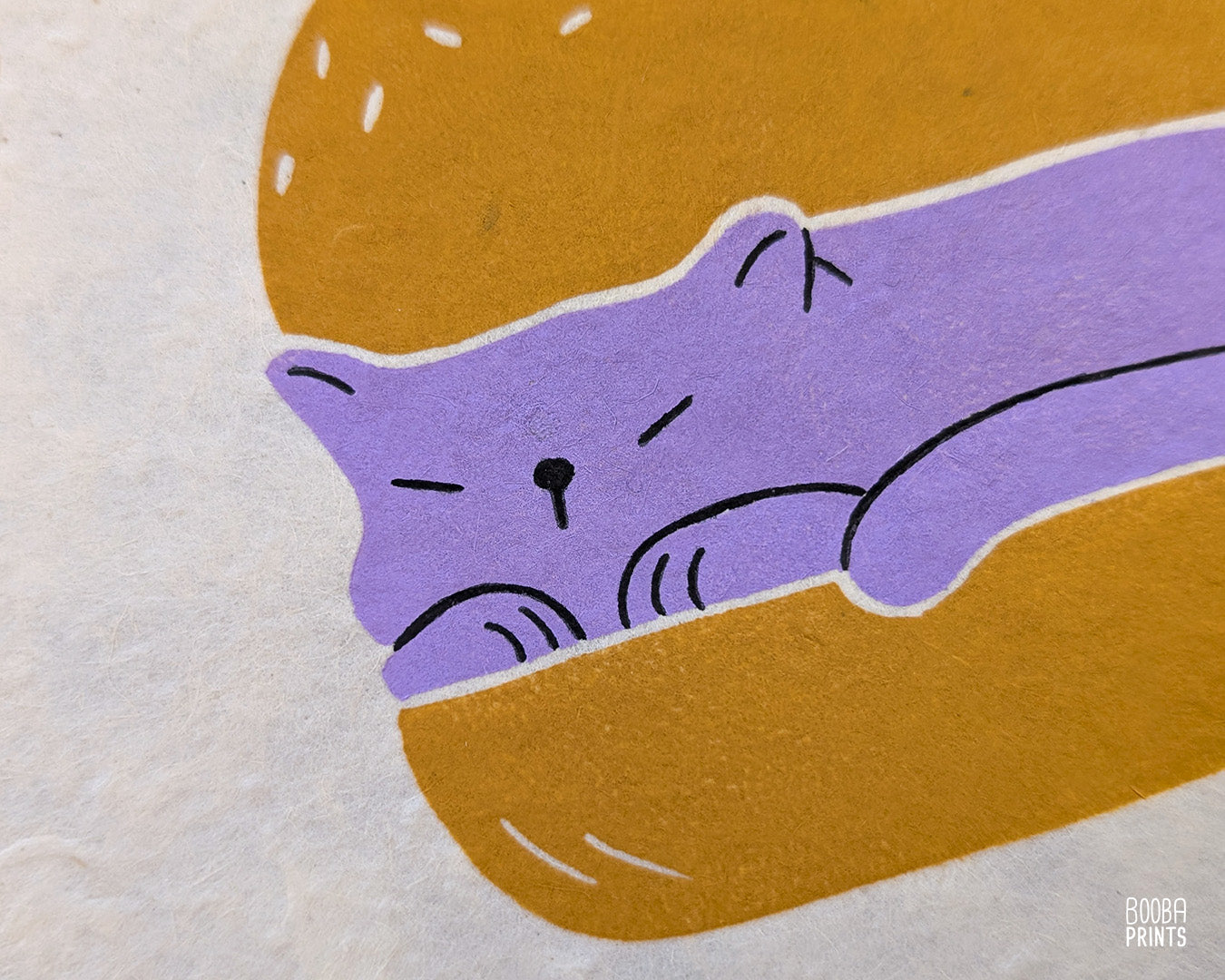 Original handmade linocut print of "Burger Cat" featuring a cute cat between 2 burger buns. Printed in 2 colors: lavender and yellow ochre. Original linocut print in he size of 6"x8". Art by Booba Prints