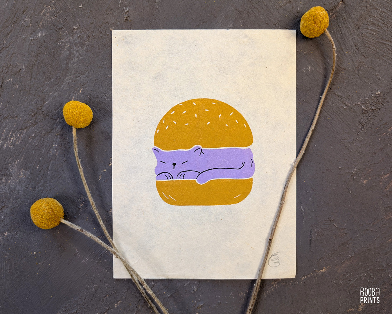 Original handmade linocut print of "Burger Cat" featuring a cute cat between 2 burger buns. Printed in 2 colors: lavender and yellow ochre. Original linocut print in he size of 6"x8". Art by Booba Prints