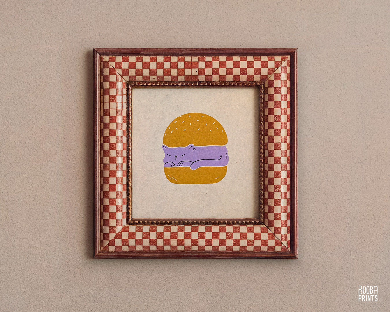 Original handmade linocut print of "Burger Cat" featuring a cute cat between 2 burger buns. Printed in 2 colors: lavender and yellow ochre. Original linocut print in he size of 6"x8". Art by Booba Prints